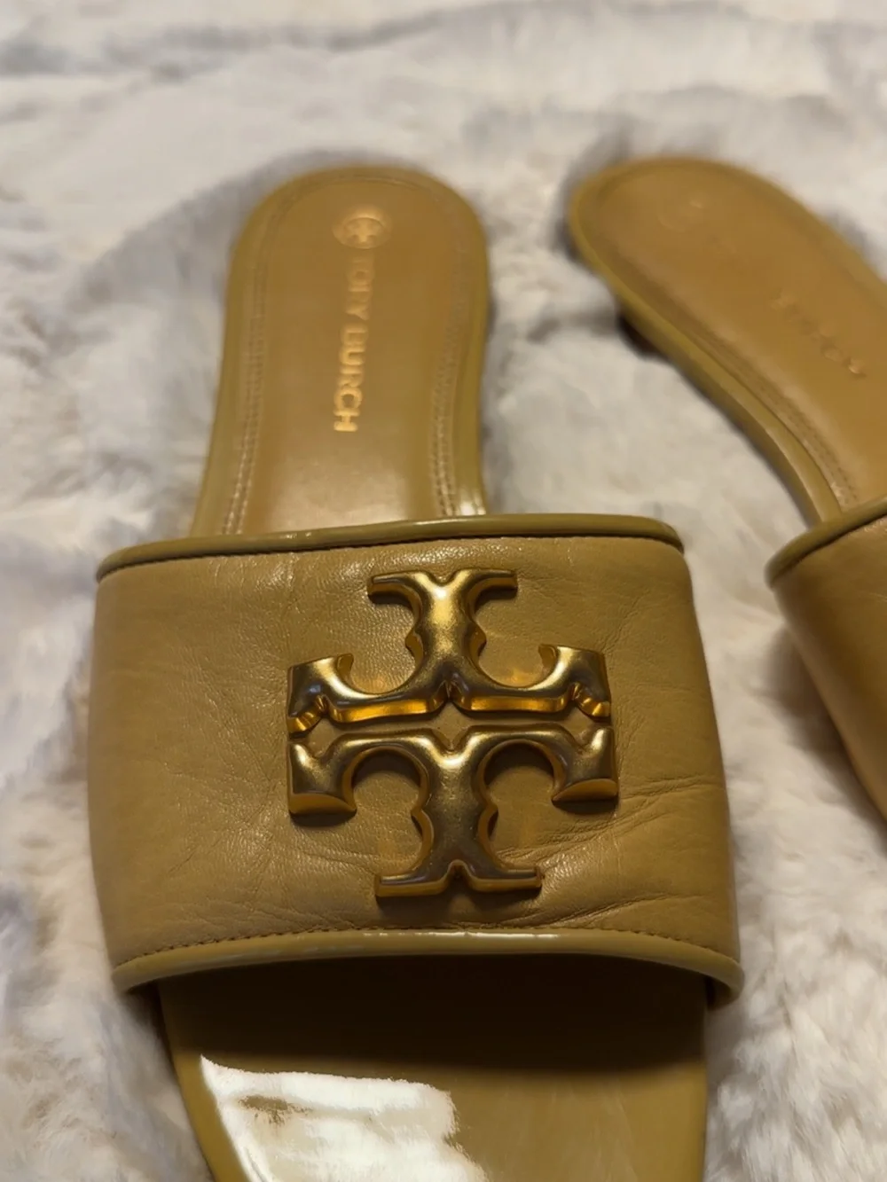 Tory Burch Caramel Leather Slide Sandals with Gold Logo